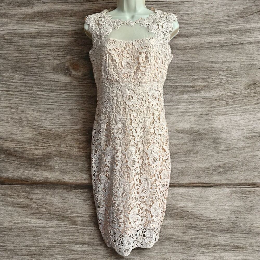 JAX Black Label Nude Ivory Lace Zip Back Sheer Sheath Detail Sleeveless